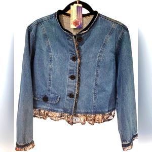 HANDMADE☆UPCYCLED CLASSY DENIM & LACE LIGHTWEIGHT JEAN JACKET by Cindy ☆OKD M-LG